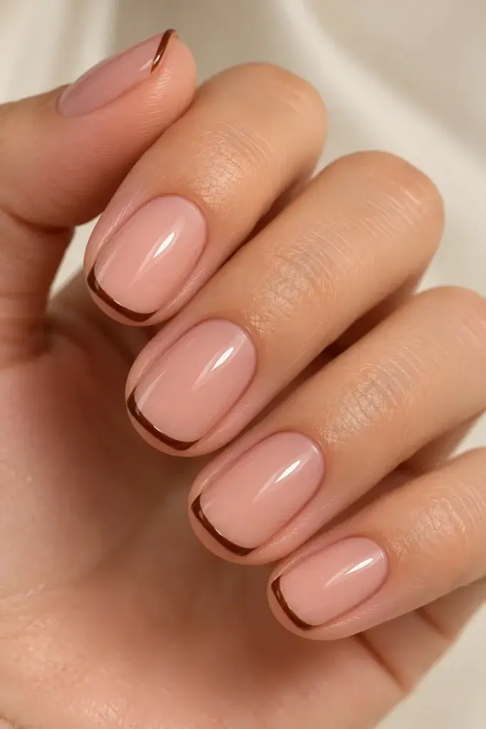 A close-up of a hand showing short, almond-shaped nails painted in a glossy nude pink shade with thin brown accent lines along the tips.