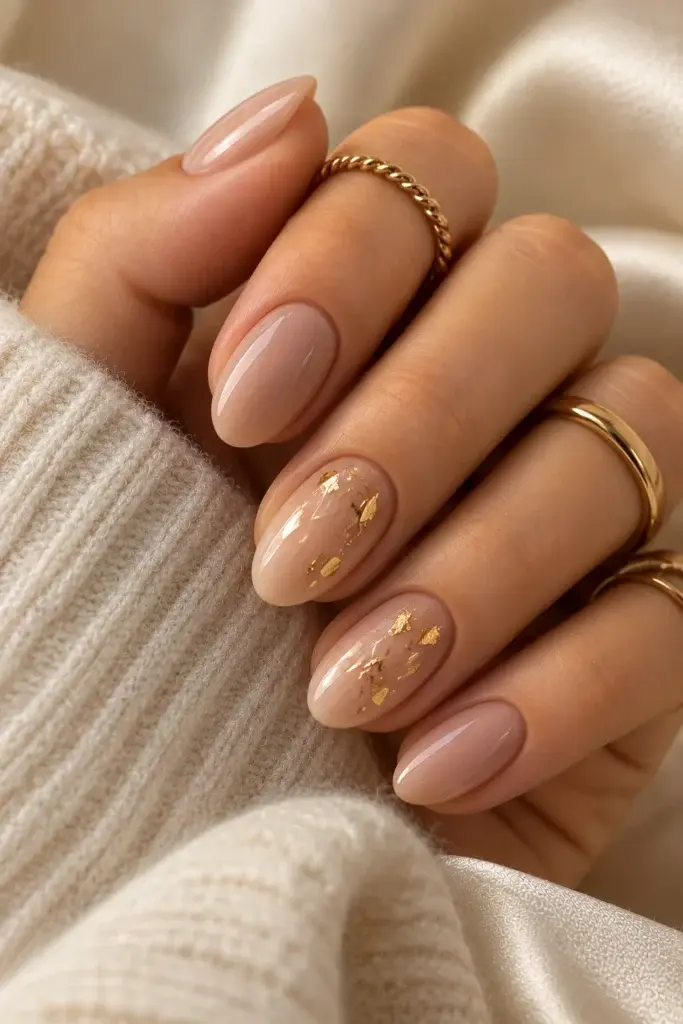 Close-up of almond-shaped nails painted in a glossy nude shade, featuring gold foil accents on the middle fingers, paired with thin gold rings.