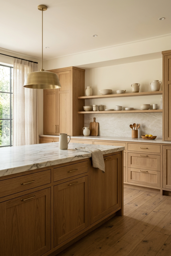 A bright kitchen featuring light oak cabinetry, a marble island, and open shelving displaying ceramic bowls and a brass pendant light.