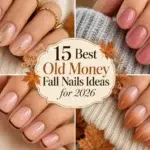 A collage of four hands showing different fall nail designs, including nude with gold flakes, solid pink, French tips, and ombré, set against knit sweaters and autumn leaves.