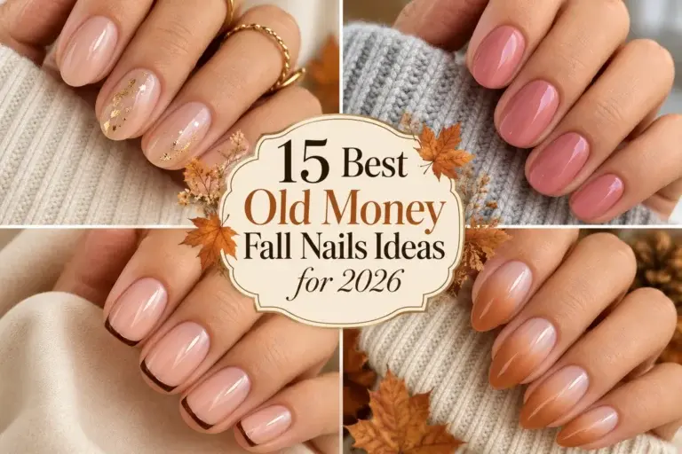 A collage of four hands showing different fall nail designs, including nude with gold flakes, solid pink, French tips, and ombré, set against knit sweaters and autumn leaves.