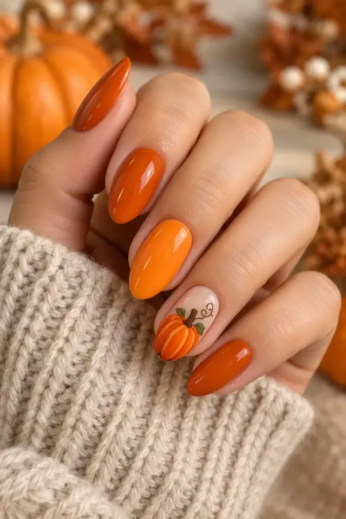 A hand with long, almond-shaped nails painted in glossy orange and amber shades, featuring a small hand-painted pumpkin design on one nail, resting against a cream knit sweater.