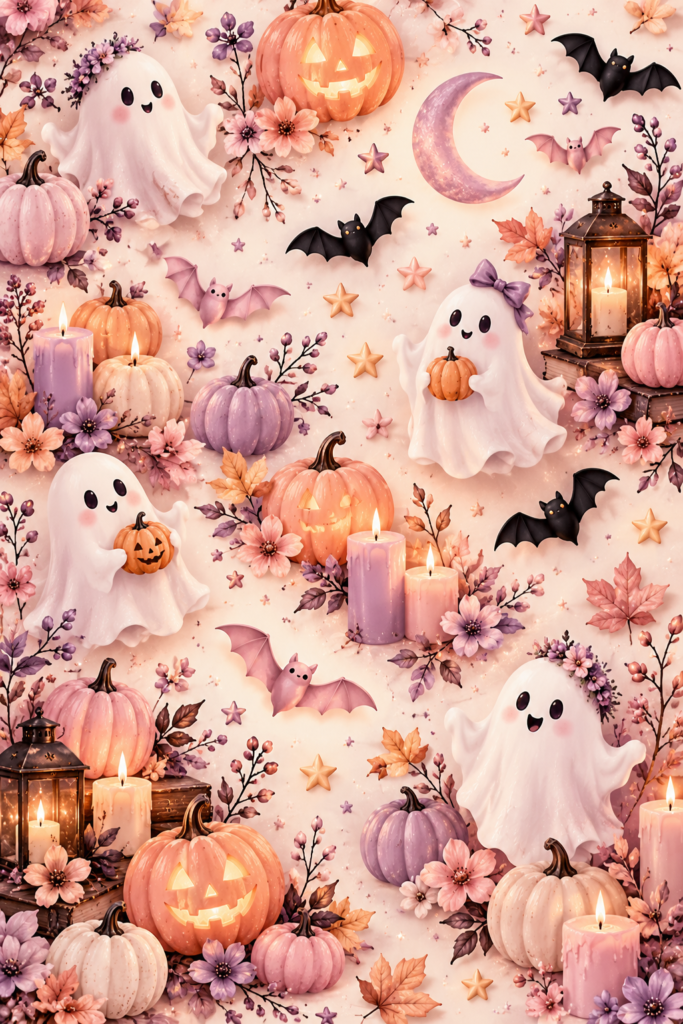 Cute white ghosts surrounded by pastel pink and purple pumpkins, lit candles, bats, and floral blossoms.