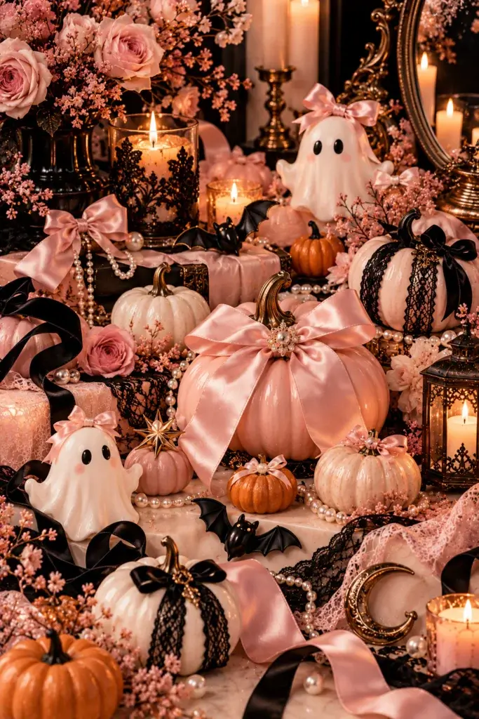 A close-up of a Halloween display featuring pink pumpkins with satin bows, white ghost figurines, black lace, pearls, and lit candles.