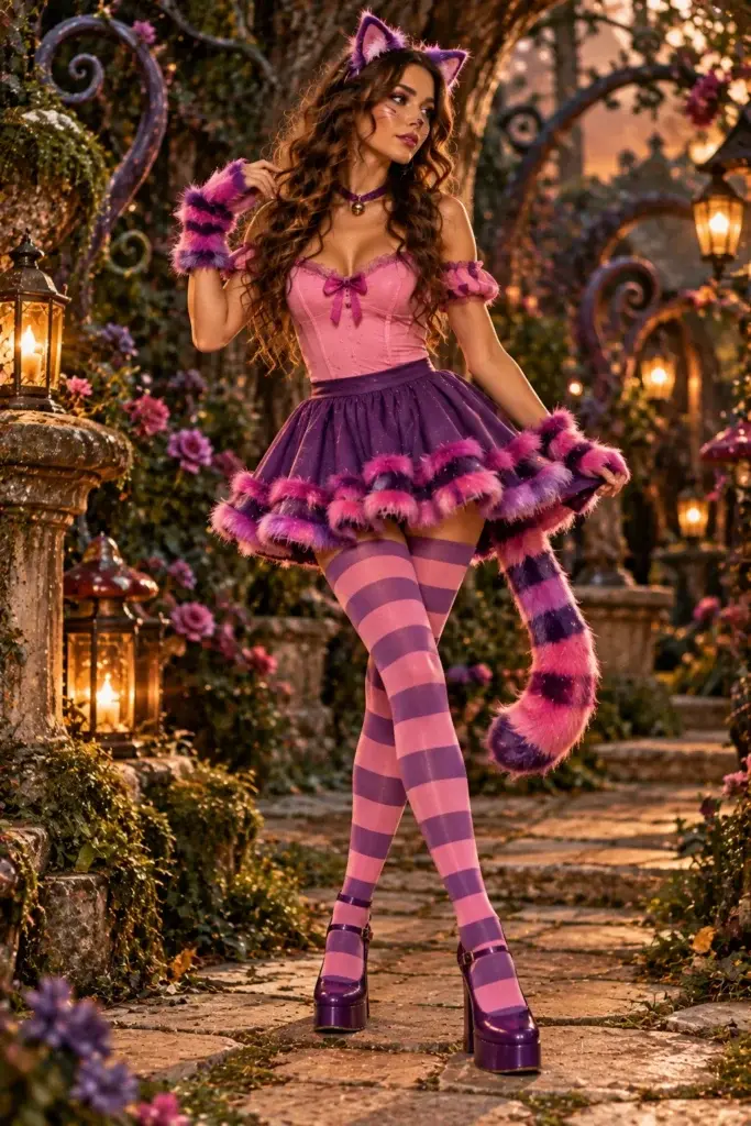 A woman wearing a pink and purple cat costume with striped tights, a fluffy tail, and platform shoes, standing in a garden with lit lanterns.