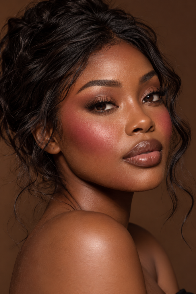 A close-up portrait of a woman with deep skin tone wearing a vibrant pink blush on her cheek, paired with glossy nude lips and dark wavy hair.