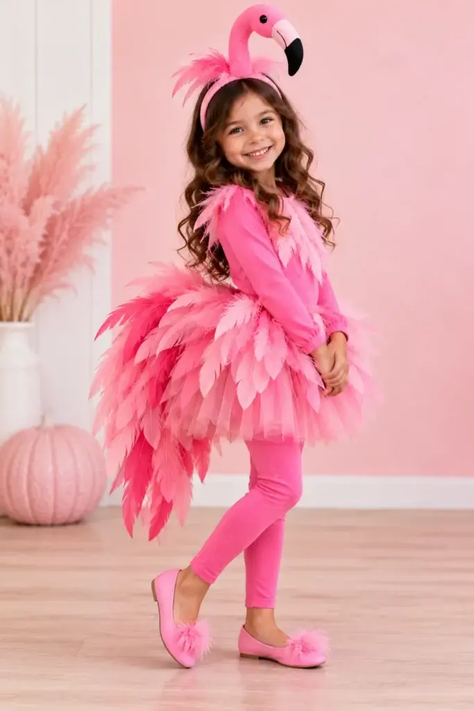 A young girl wearing a pink flamingo costume with a feathered skirt, headband, and matching shoes, standing in a room with pink walls and a decorative pumpkin.
