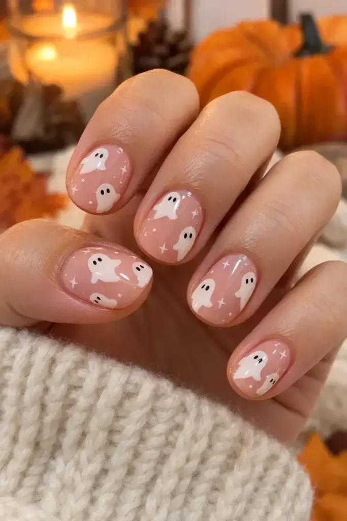 A hand with short, rounded nails painted in a soft pink shade, featuring small white ghost decals and tiny star accents, set against a blurred background with a lit candle and a pumpkin.