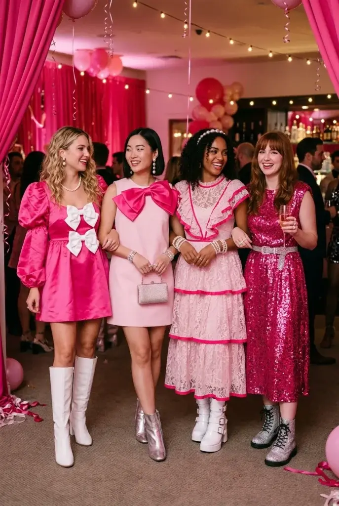 Four women wearing coordinated pink dresses and accessories at a party with pink curtains and balloons.
