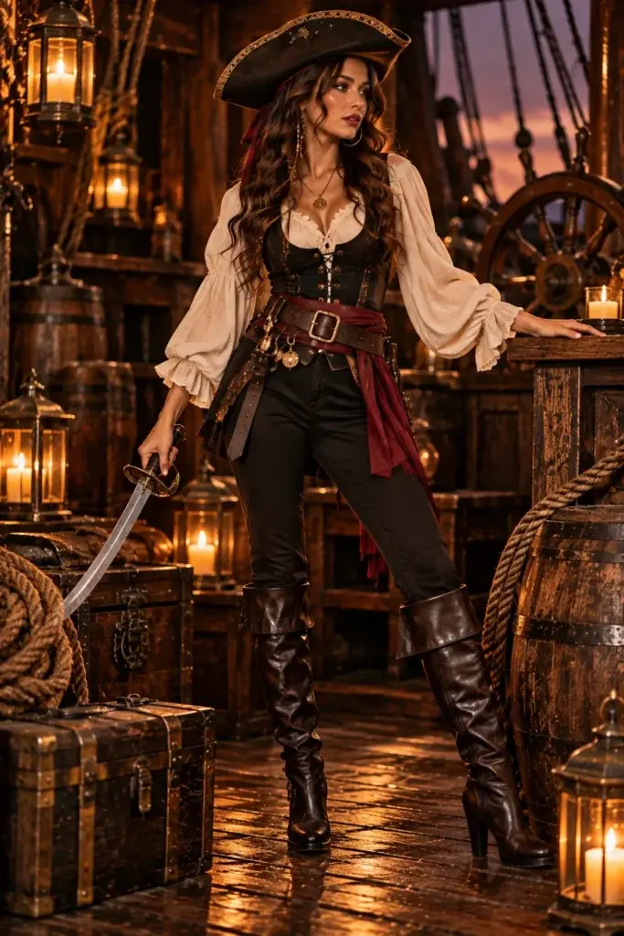 A woman in a pirate costume stands on a wooden deck holding a sword, surrounded by lanterns and barrels.