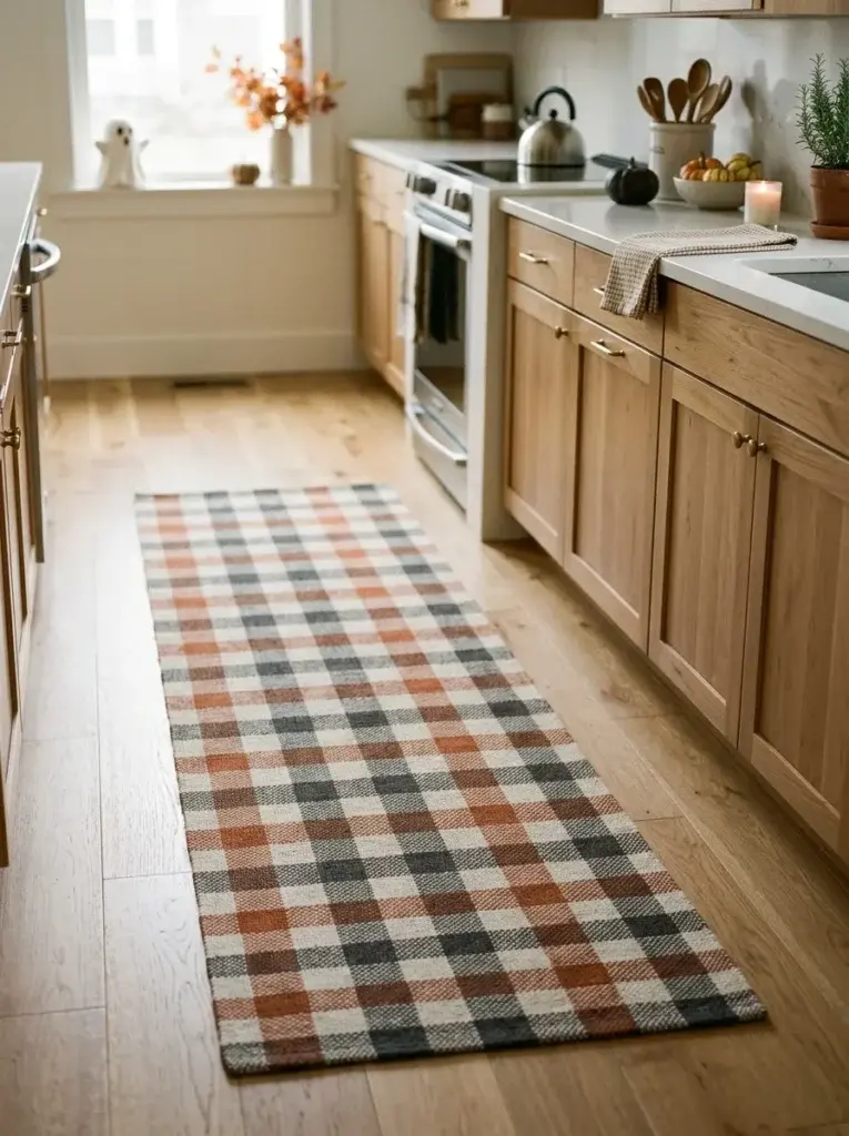 A long plaid rug in orange, grey, and white lies on a light wood kitchen floor, with a small pumpkin and candle on the counter nearby.