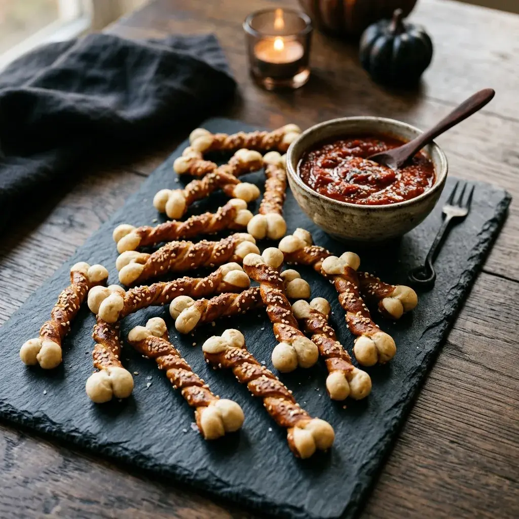 Pretzel sticks shaped like bones with marshmallow ends on a slate board, served with a bowl of red dipping sauce.