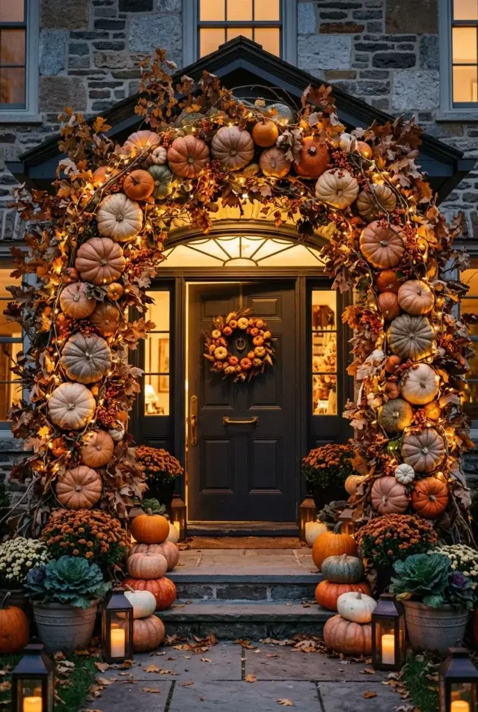 A stone house entrance features a large archway covered in pumpkins, gourds, and autumn leaves with string lights, flanked by potted mums and lanterns on the steps.