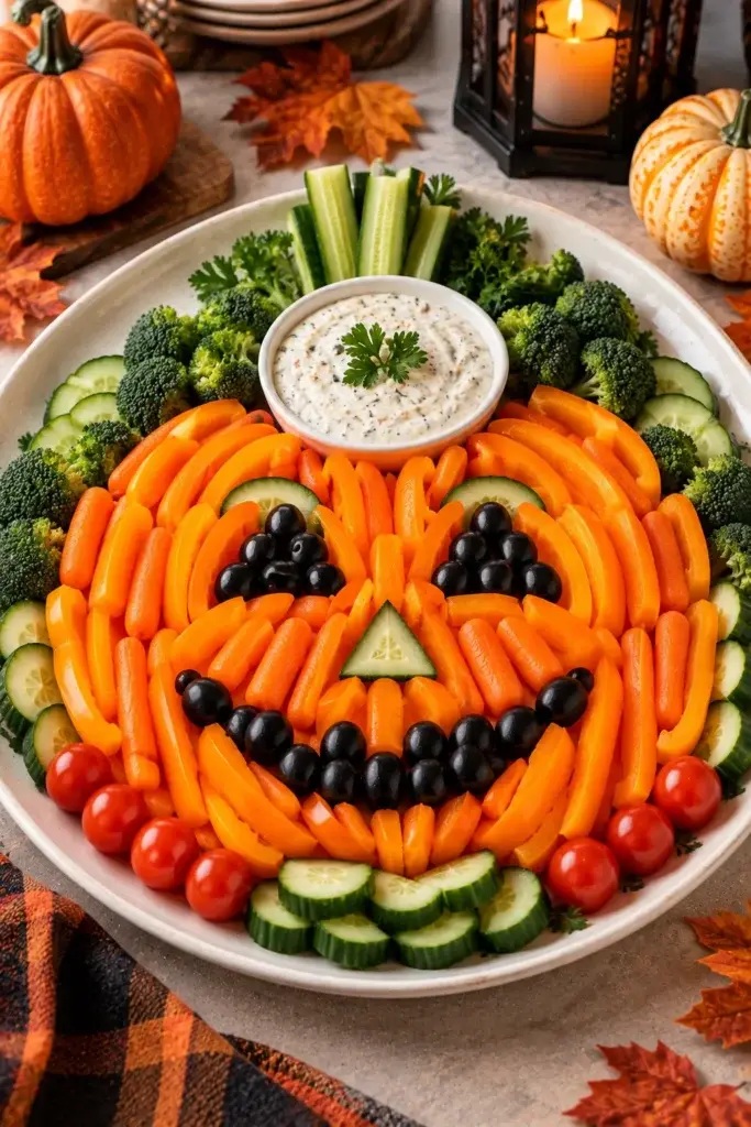 A white platter featuring a jack-o'-lantern face made from carrot sticks, orange bell pepper strips, black olives, and a cucumber slice, surrounded by broccoli, cherry tomatoes, and a small bowl of ranch dip.