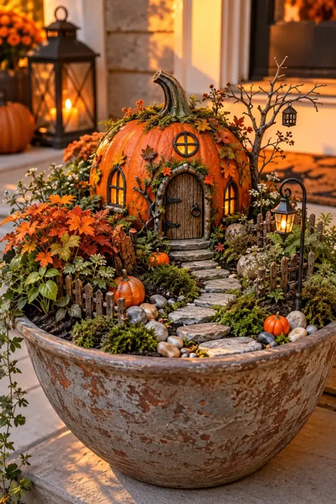 A miniature pumpkin house with a wooden door and glowing windows sits in a rustic bowl garden, surrounded by moss, small fences, and a stone path.