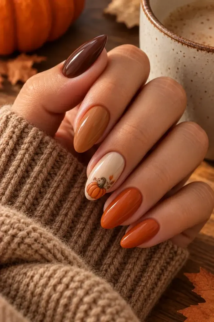 A hand with long almond nails painted in autumn shades, featuring a white nail with a small orange pumpkin illustration, set beside a mug and pumpkin.