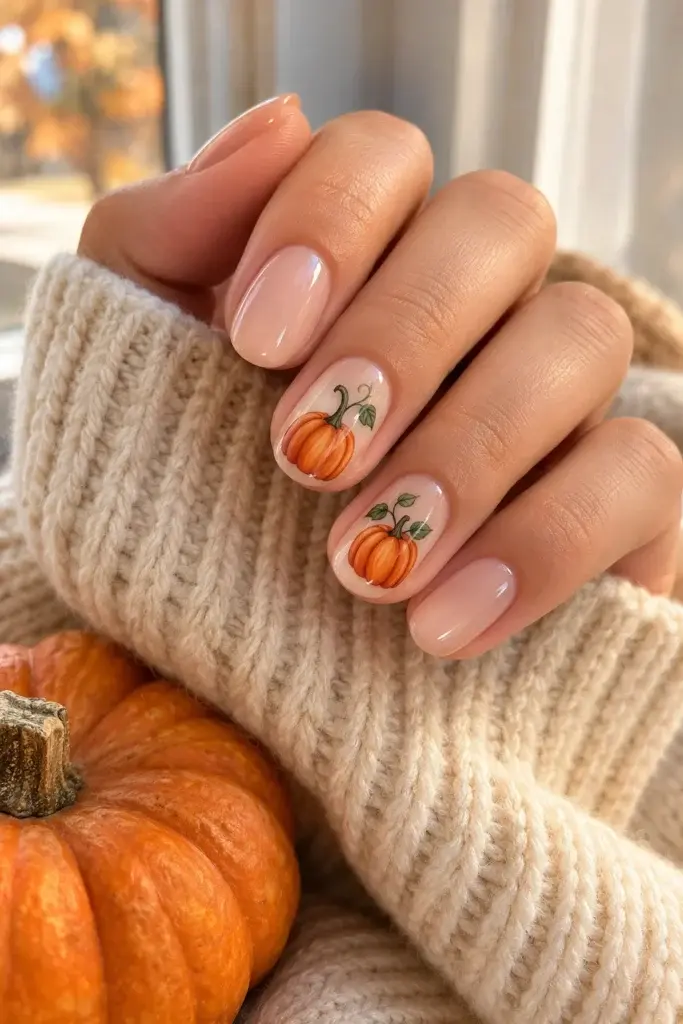 A hand with a nude manicure featuring hand-painted orange pumpkin designs on two nails, resting near a real pumpkin and a cream-colored knit sweater.