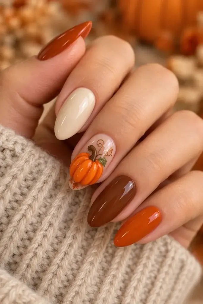 A hand with long almond-shaped nails painted in shades of orange, brown, and cream, featuring a detailed 3D pumpkin design on one finger, resting against a beige knit sweater.