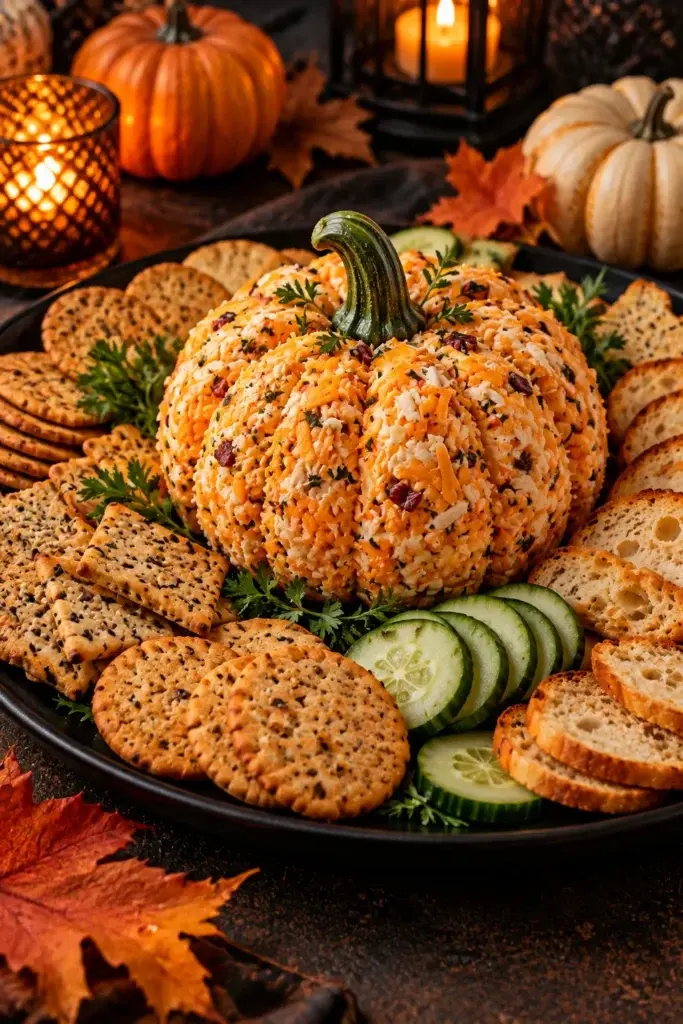 A cheese ball shaped like a pumpkin with a green stem, served on a black plate with crackers, bread slices, and cucumber rounds, surrounded by autumn leaves and small pumpkins.