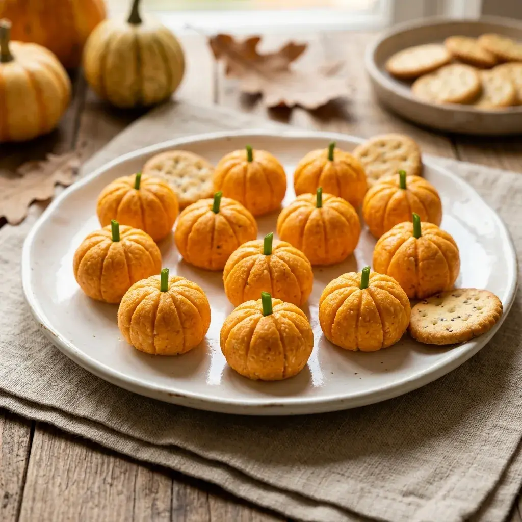 A white plate holding orange pumpkin-shaped cookies with green stems, arranged next to round oatmeal cookies on a wooden table.