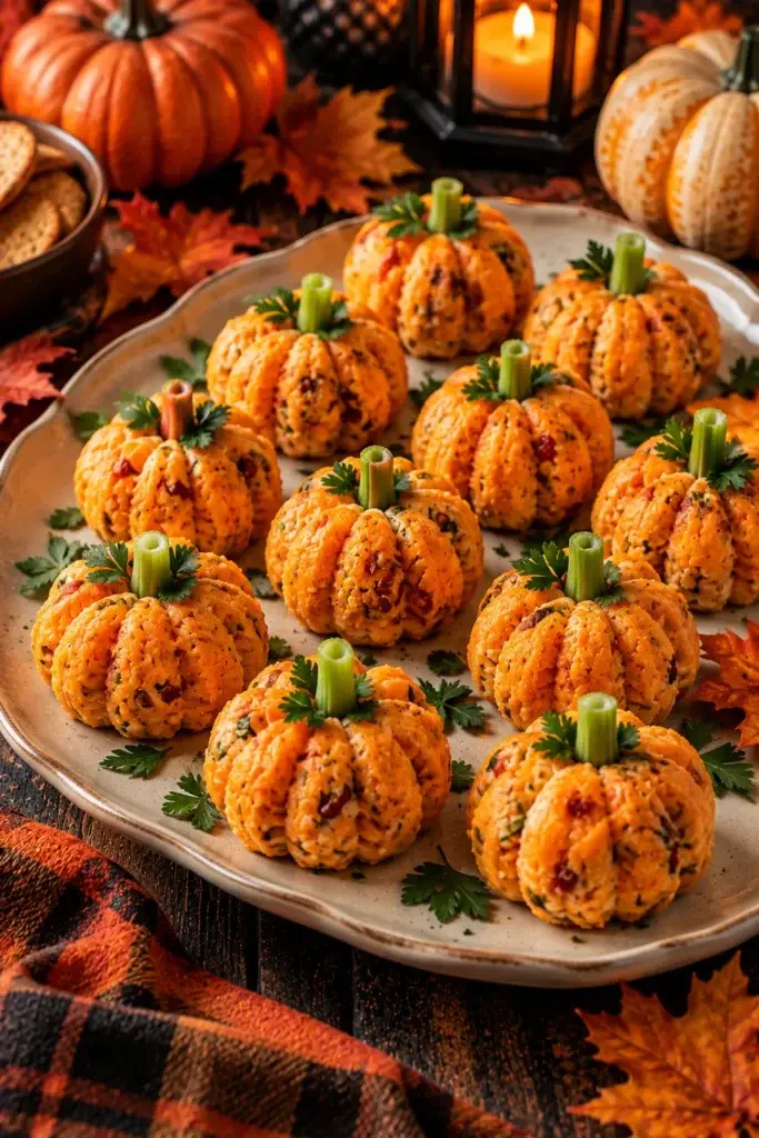 A plate of orange rice balls shaped like pumpkins, topped with celery stems and parsley, set on a table with autumn leaves and a lit candle.