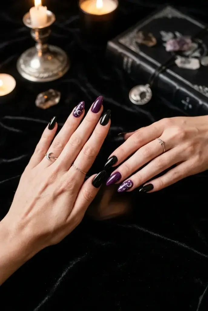 A close-up of hands with long almond-shaped nails painted in glossy black and deep purple, featuring white moon and star accents, resting on a black velvet surface near a silver candle holder.