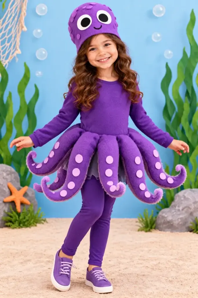 A young girl wearing a purple felt octopus costume with a hat and tentacle skirt, standing in an underwater-themed set with paper seaweed and bubbles.