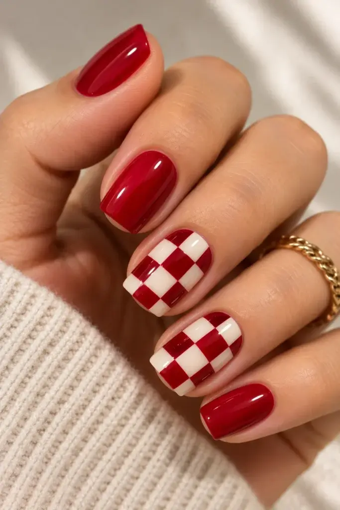 A hand with glossy red nails featuring a red and white checkerboard pattern on the middle and ring fingers, wearing a gold ring.