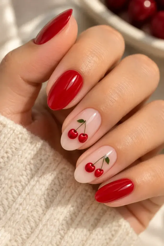 A close-up of a manicure featuring glossy red almond-shaped nails, with two nails decorated with small red cherry illustrations on a pale pink base.