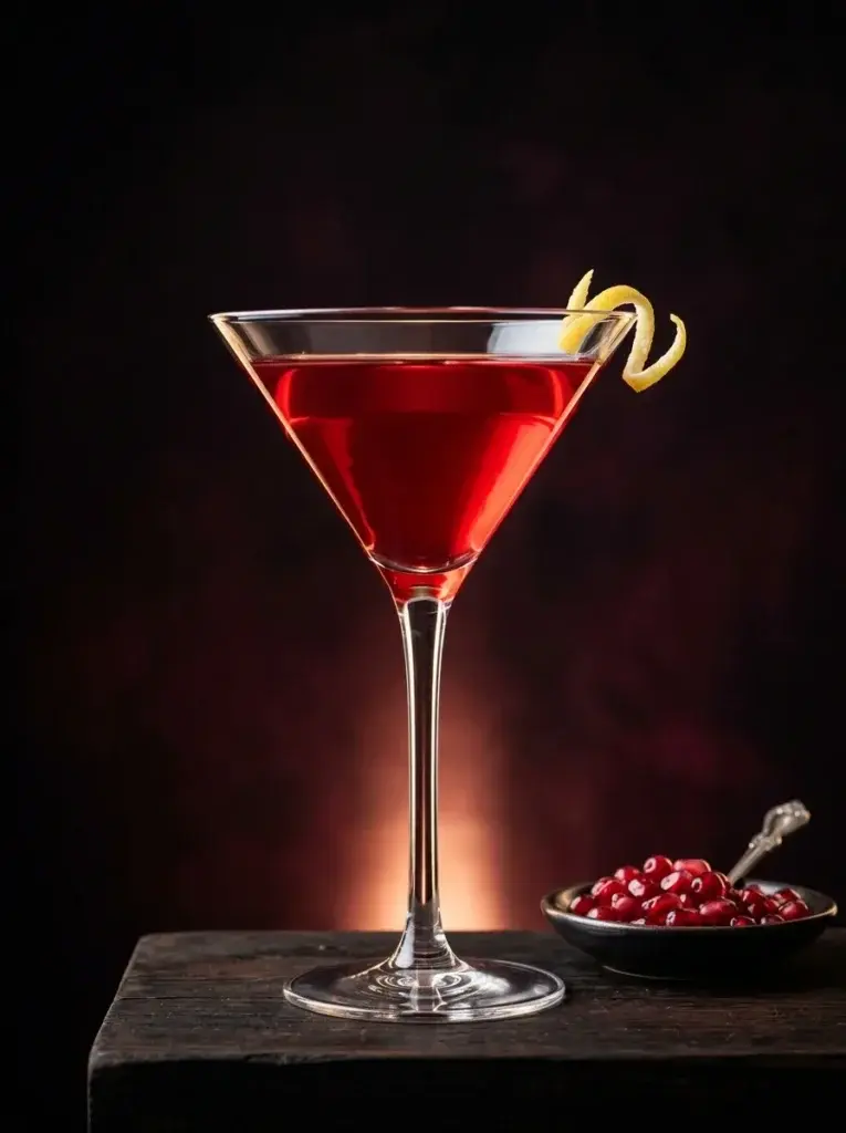 A red cocktail in a martini glass garnished with a citrus peel, set on a dark wooden surface next to a small bowl of pomegranate seeds.