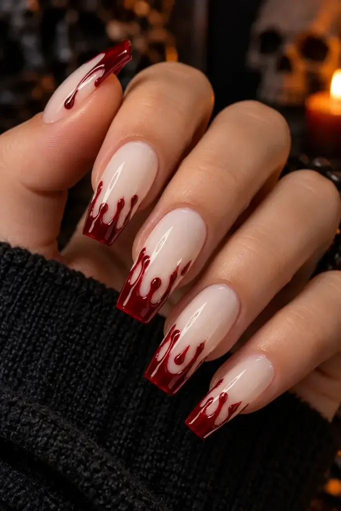 A hand with long, almond-shaped nails featuring a pale pink base and dark red, glossy drips running down the tips, set against a dark background with a blurred skull and candle.
