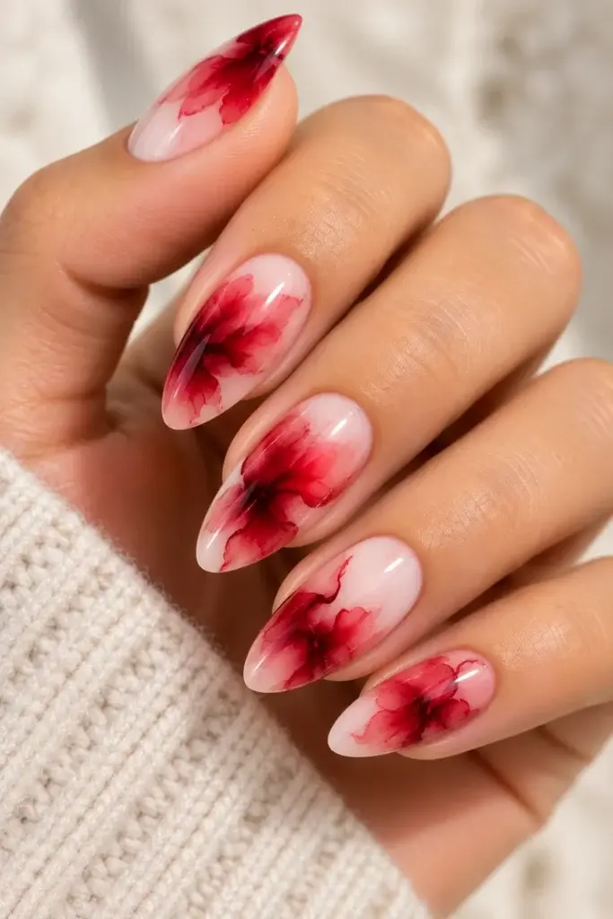 A close-up of long, almond-shaped nails featuring a red and pink floral watercolor design on a sheer base, with a hand wearing a cream knit sweater.