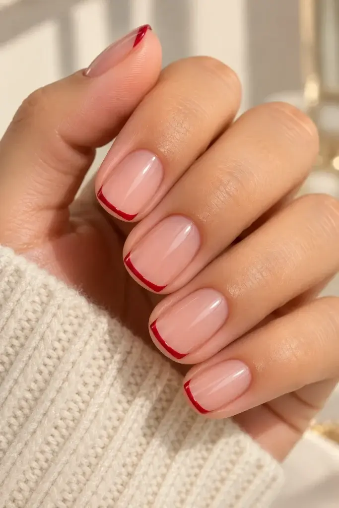 A close-up of a hand with almond-shaped nails featuring a sheer pink base and a bold red smile line, resting against a cream-colored knit sweater.