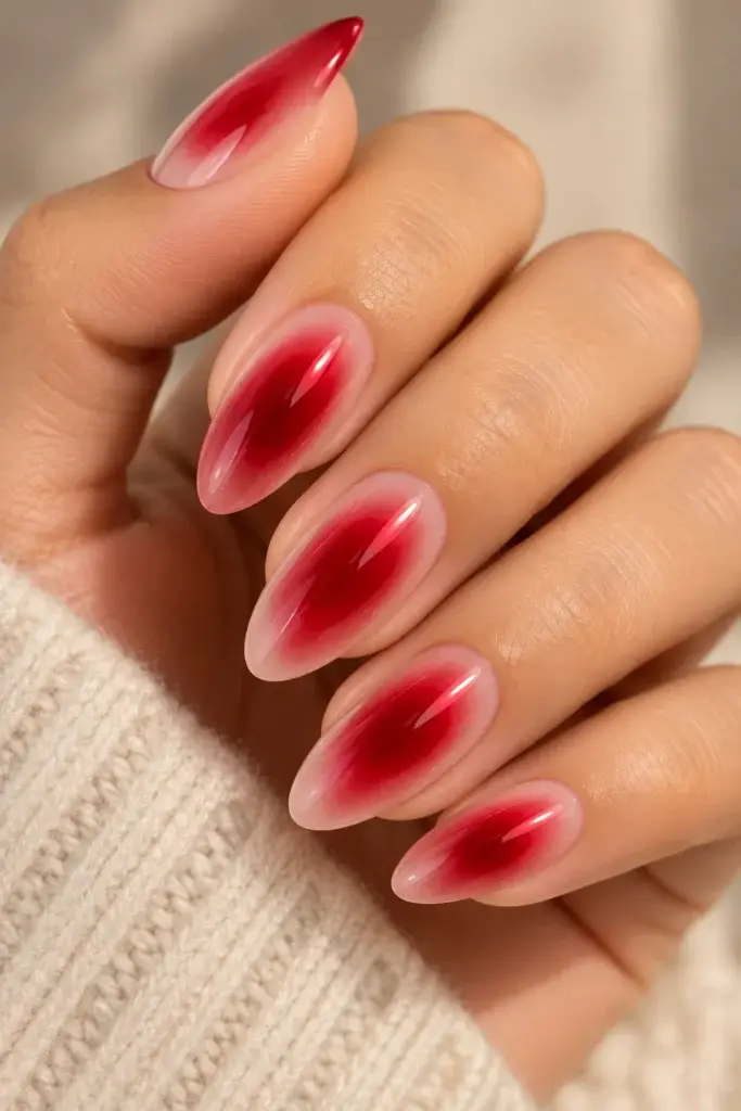 A hand with long almond-shaped nails featuring a red ombré fade from the cuticle to the tip, resting against a cream-colored knit sweater.