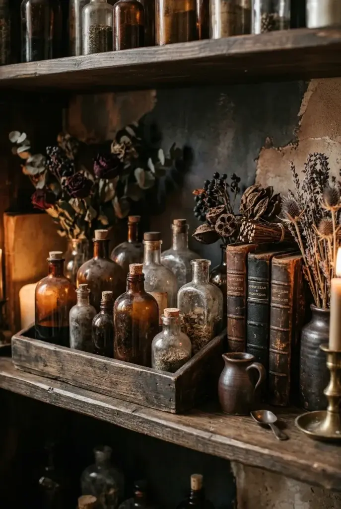 A wooden shelf styled with vintage glass bottles, old leather-bound books, dried botanicals, a small ceramic pitcher, and a brass candle holder.