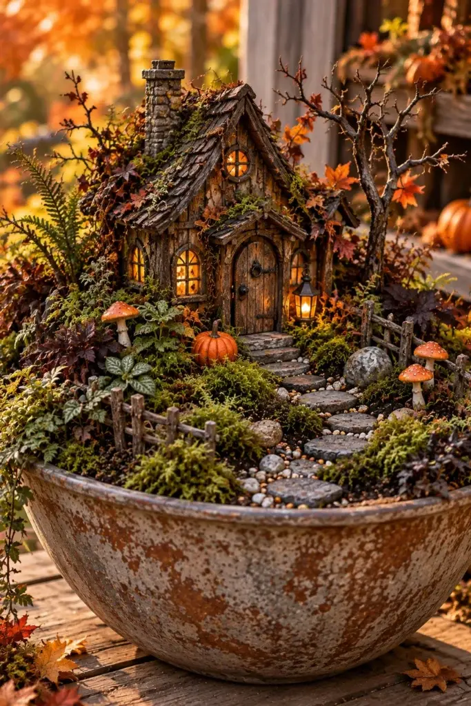 A miniature cottage with a stone chimney and glowing windows sits in a weathered bowl, surrounded by moss, small pumpkins, and red-capped mushrooms.