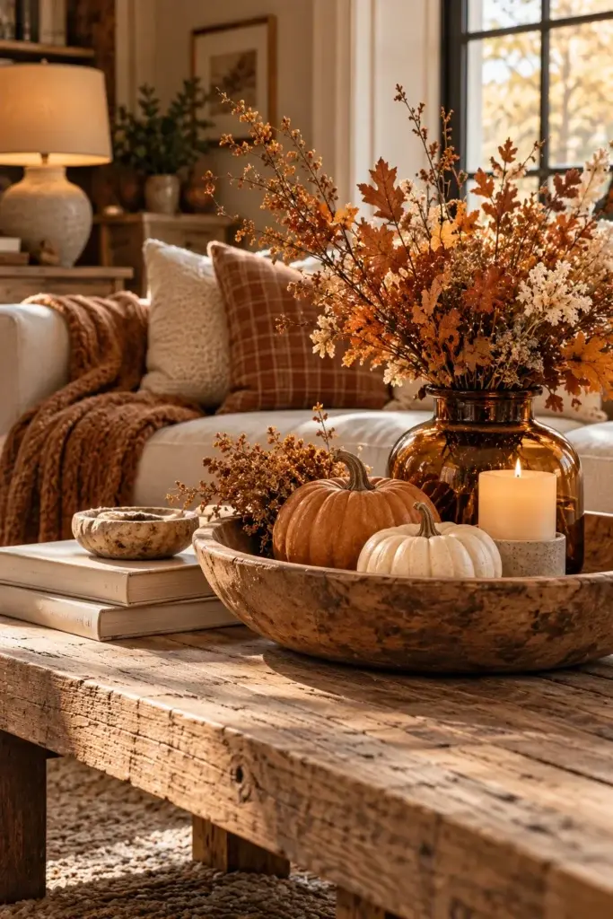 A rustic wooden coffee table styled with a large bowl containing dried autumn leaves, small pumpkins, and a lit pillar candle, set in a cozy living room.