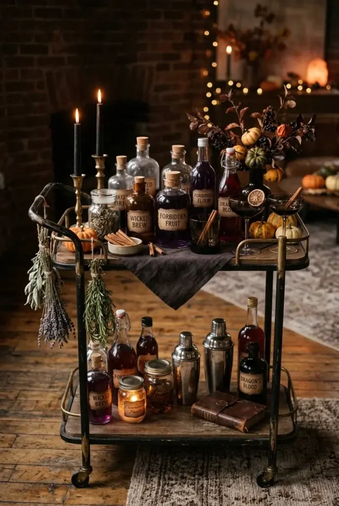 A two-tiered metal bar cart styled for Halloween with labeled potion bottles, small pumpkins, dried herbs, and black candles in a dimly lit room.