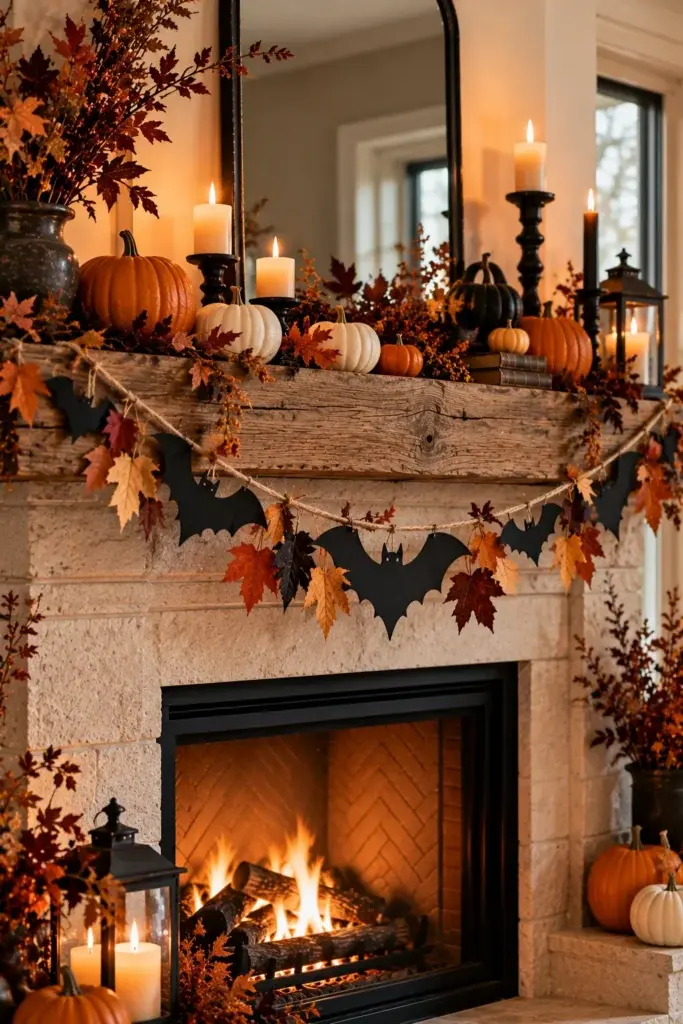 A stone fireplace mantel decorated with a garland of black paper bats and autumn leaves, surrounded by pumpkins, candles, and a lit fire.