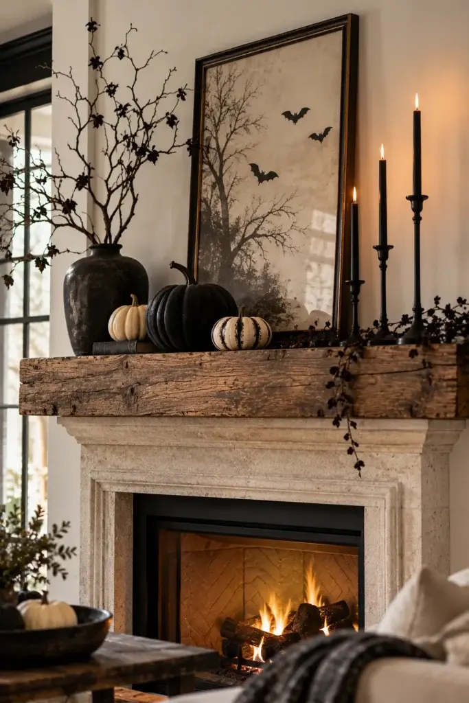 A rustic wooden mantel decorated with black and white pumpkins, a dark vase with branches, and tall black candles next to a framed bat print.