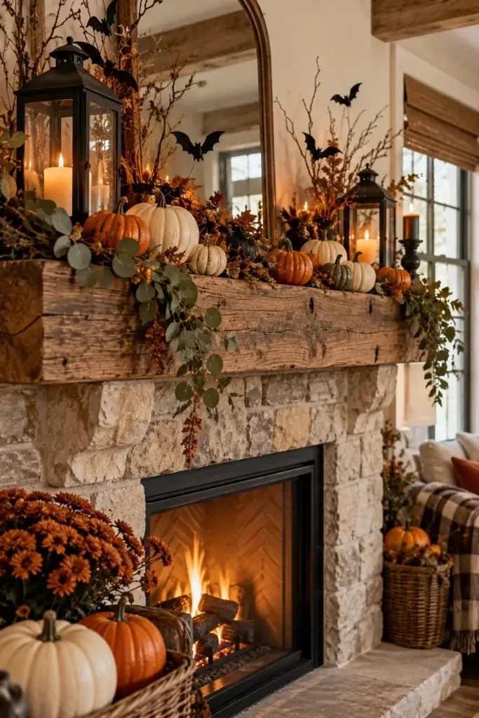 A stone fireplace mantel decorated with a black lantern, lit candles, small pumpkins, and branches with black bat cutouts.