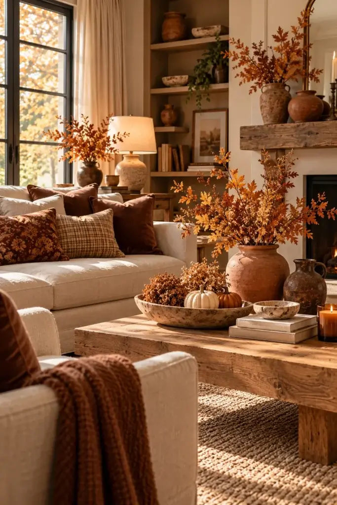 A cozy living room featuring a beige sofa with brown pillows, a wooden coffee table holding a vase of autumn leaves, small pumpkins, and a lit candle.