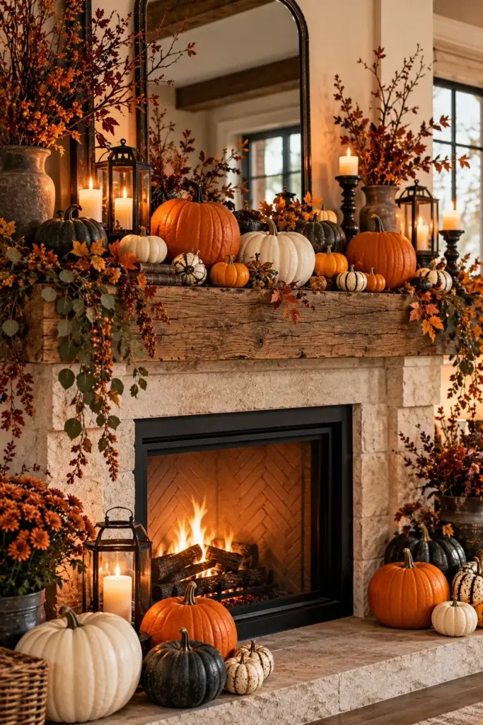 A stone fireplace with a wooden mantle decorated with orange and white pumpkins, black lanterns with lit candles, and trailing autumn foliage.