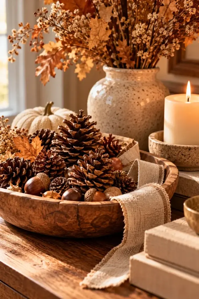 A wooden bowl filled with pinecones and acorns sits on a table next to a lit candle and a vase of dried autumn leaves.