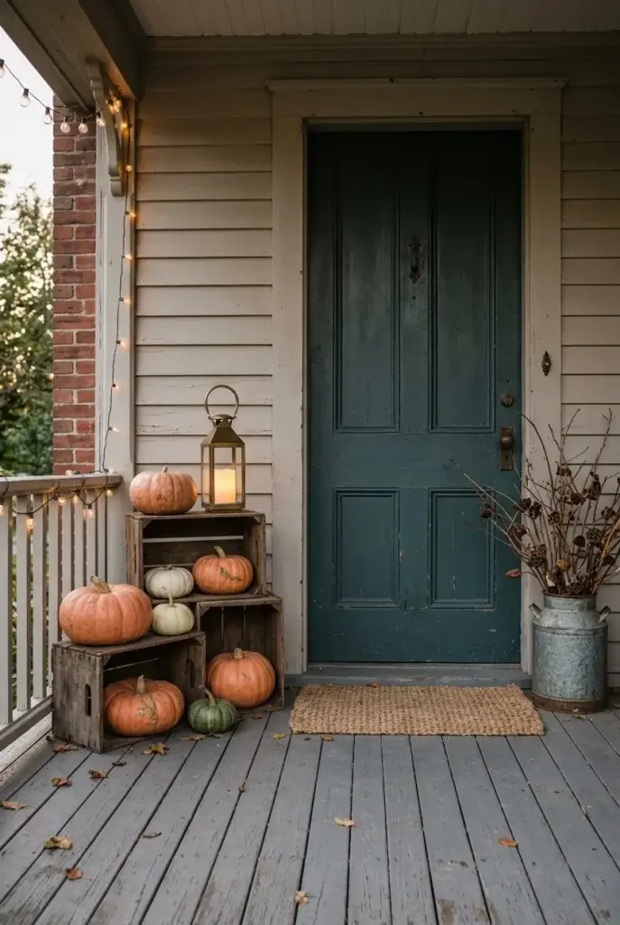 A weathered wooden porch decorated with stacked crates holding orange and white pumpkins, a lit lantern, and a metal bucket with dried branches beside a teal door.