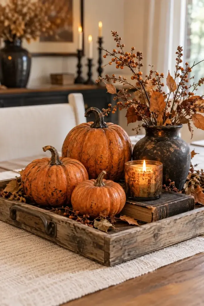 A weathered wooden tray holds three small pumpkins, a lit candle in a glass holder, and a dark vase with dried branches and leaves, set on a woven table runner.