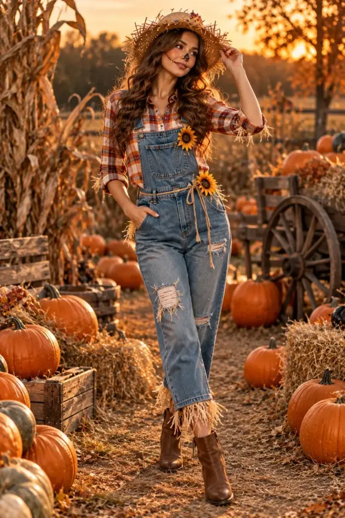 A woman wearing denim overalls, a plaid shirt, and a straw hat stands in a pumpkin patch at sunset.