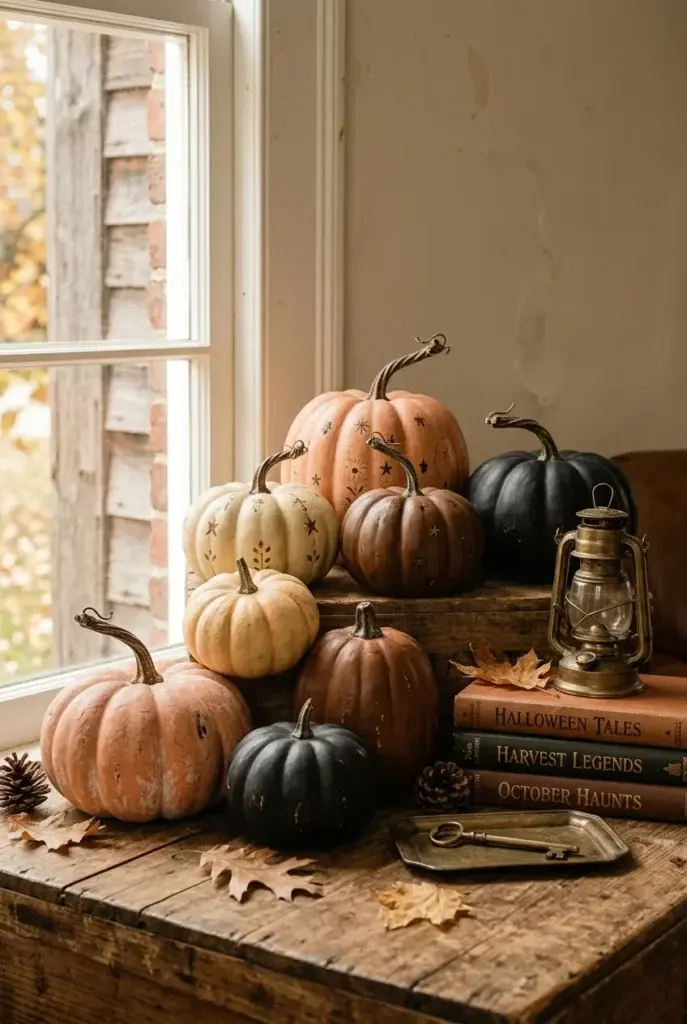 A collection of painted pumpkins in orange, cream, and black sits on a weathered wooden crate next to a window, accompanied by a brass lantern, stacked books, and dried leaves.