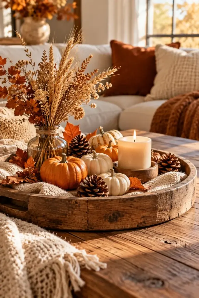 A round wooden tray on a coffee table holds small pumpkins, pinecones, a lit candle, and dried wheat in a glass jar.