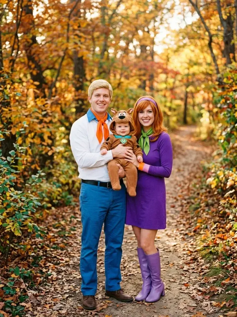 A family of three dressed as Fred, Daphne, and Shaggy from Scooby-Doo standing on a path in an autumn forest.
